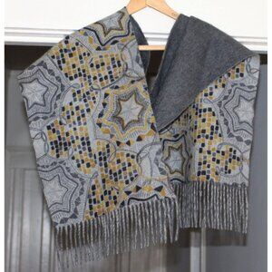 Nordstrom - 100% Cashmere Fringe Scarf in Grey with Yellow 60s Print, Excellent